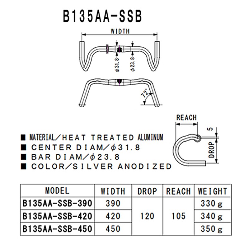NITTO（ニットー）B135 AA SSB ドロップハンドルバー クランプ径：31.8mm